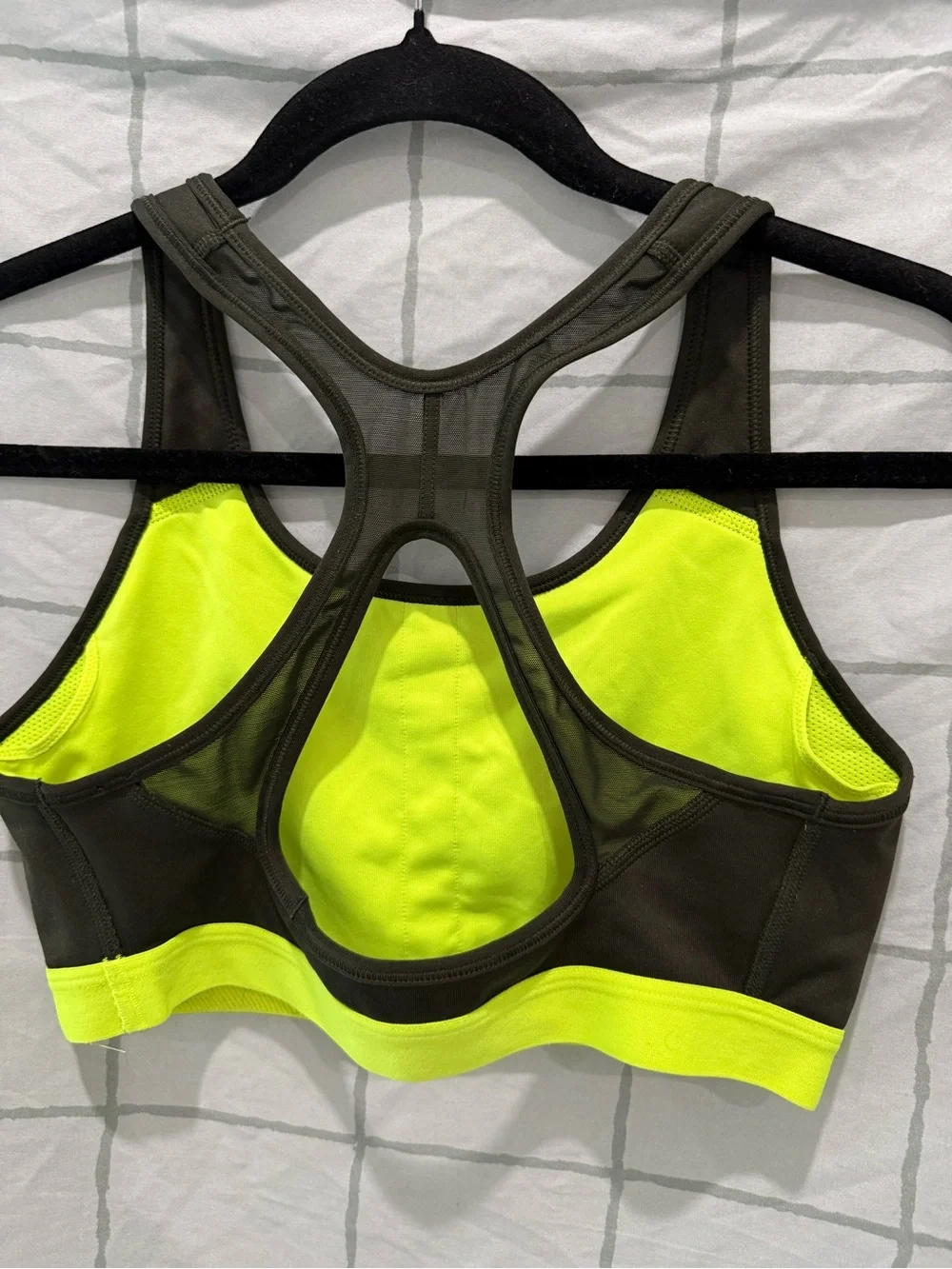 Nike Olive Green Racerback Sports Bra with Neon Yellow Band